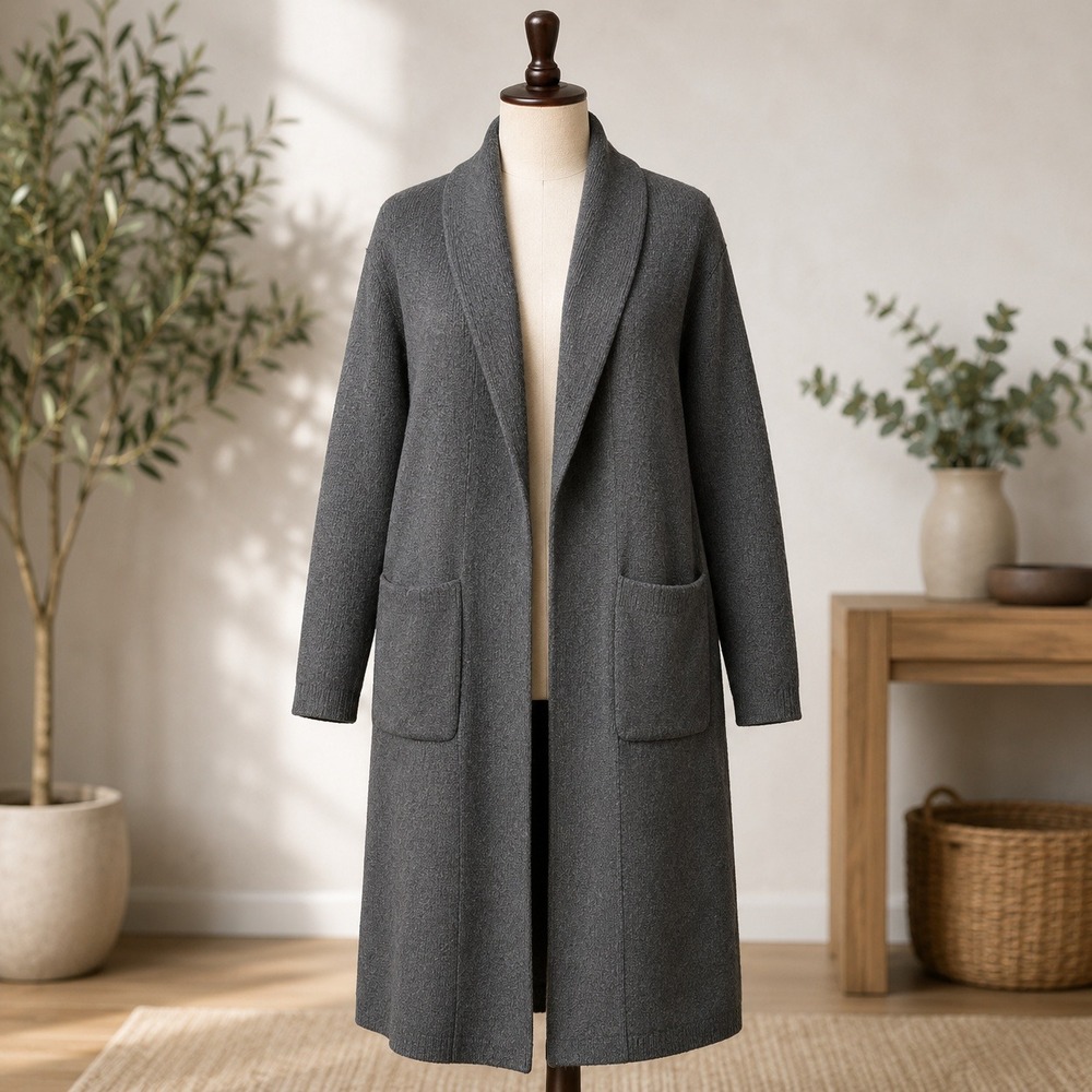 Bebe Longline Duster Cardigan Womens Small‎ Black Ribbed Shawl Collar Open Front